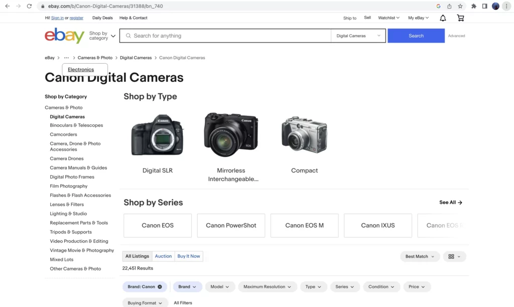 Example of breadcrumbs navigation on ebay about cameras
