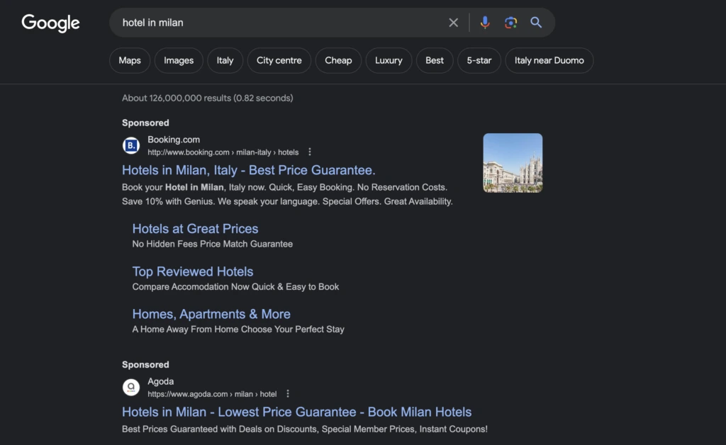 Google Search Ads example when search for hotels