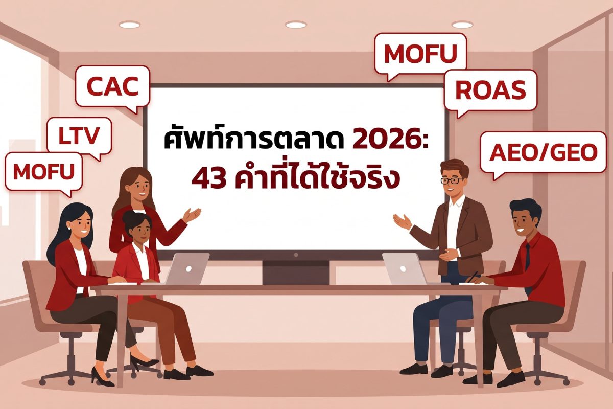 บรรยากาศห้องประชุมที่มีหน้าจอแสดงคำศัพท์การตลาดหลักที่ต้องรู้