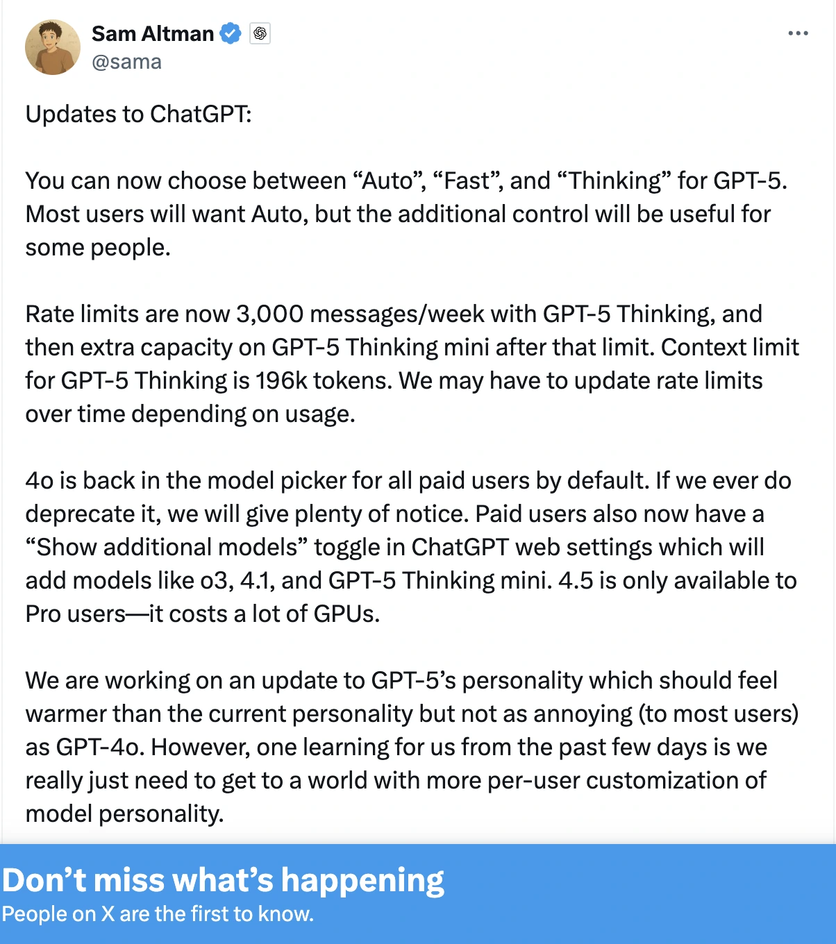 Updates to ChatGPT from Sam Altman